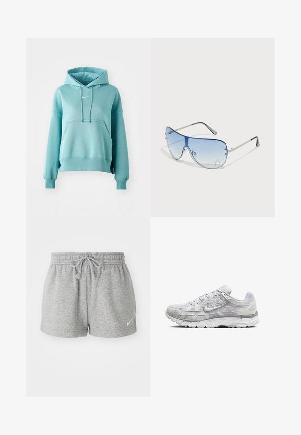 Turkizna kapuca s puloverjem s kenguru žepom, rebrastimi manšetami in robom. Na prsih je majhen bel Nike logotip.; Sive bombažne kratke hlače z elastiko v pasu, z vrvico in stranskimi šivi. Imajo majhen bel logo na spodnjem levem delu hlač.; Svetlo sivi atletski čevlji z zgornjim delom iz mrežaste in sintetične tkanine, opremljeni z vezalkami, oblazinjenim ovratnikom in teksturiranim podplatom za dober oprijem.; Pilotne sončne očala z gradijentnimi modrimi lečami, srebrnim kovinskim okvirjem in okrasnimi zvezdastimi detajli na lečah. Gladek in eleganten dizajn.