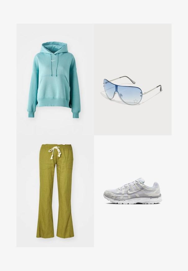 Tyrkismynte hettegenser med kengurulomme, ribbestrikkede mansjetter og kant. Har et lite hvitt Nike-logg på brystet.; Grønne linbukser med vide ben, elastisk midje og justerbar snøring. Har to sidelommer og en glatt tekstur.; Lys grå sportsko med overdel i mesh og syntetisk materiale, med snøring, polstret krave og strukturert såle for grep.; Pilotbriller med gradient blå linse, sølvfarget metallramme og dekorative stjerneaksenter på linsen. Glatt og stilren design.