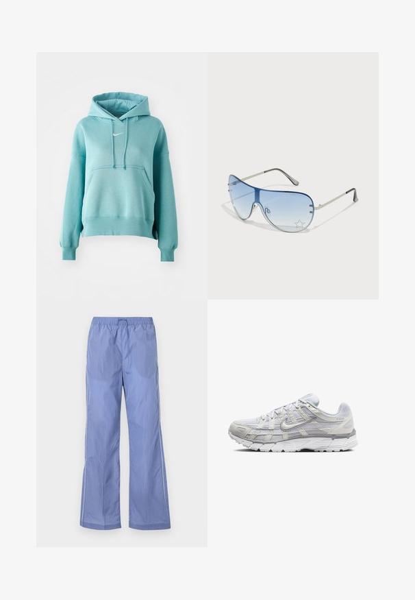 Sweatshirt capuz turquoise com bolso canguru, punhos e bainha canelados. Apresenta um pequeno logotipo branco da Nike no peito.; Calças leves azuis com cintura elástica, apresentando um corte solto e detalhes laterais. Feitas de material suave e durável.; Sapatos atléticos cinza claro com parte superior em malha e sintético, apresentando um fecho de cordões, colarinho acolchoado e sola texturizada para aderência.; Óculos de sol aviador com lentes azuis em degradê, armação metálica prateada e detalhes decorativos de estrelas nas lentes. Design suave e elegante.