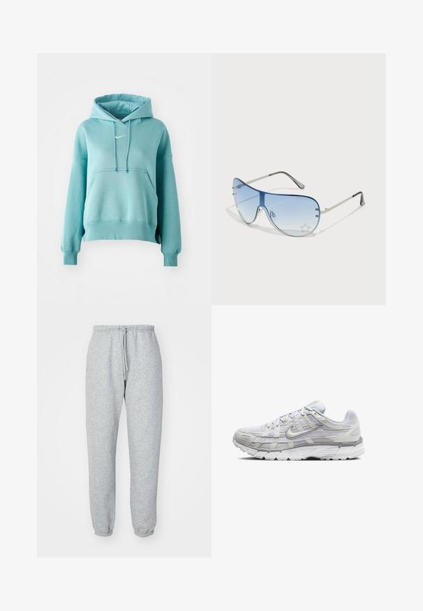 Turquoise hoodie met een kangoeroezak, ribgebreide boorden en onderrand. Bevat een klein wit Nike-logo op de borst.; Grijze sweatpants gemaakt van zachte, gestructureerde stof. Voorzien van een elastische tailleband met koord, taps toelopende enkels en zonder zichtbare patronen of logo's.; Lichtgrijze sportschoenen met een bovenwerk van mesh en synthetisch materiaal, voorzien van een vetersluiting, een gevoerd kraagje en een gestructureerde zool voor grip.; Aviator zonnebril met een gradient blauwe lens, zilveren metalen frame en decoratieve sterrenaccenten op de lens. Glad en strak ontwerp.
