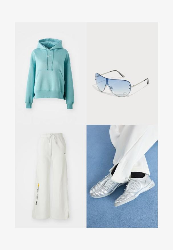 Tyrkismynte hettegenser med kengurulomme, ribbestrikkede mansjetter og kant. Har et lite hvitt Nike-logg på brystet.; Hvide, vide sweatpants med elastisk talje, snøre, sidelommer, sort Nike-logo og kontrasterende gul grafisk tekst.; Sølv atletikksko med en glatt, skinnende overflate, med et sydd design og tallet 90 på siden, kombinert med hvite bukser.; Pilotbriller med gradient blå linse, sølvfarget metallramme og dekorative stjerneaksenter på linsen. Glatt og stilren design.