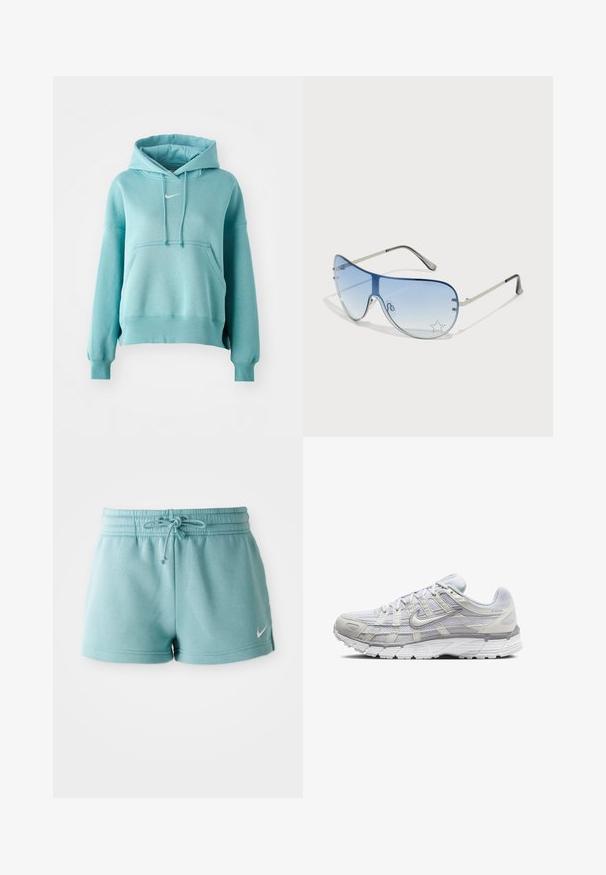 Hanorac turcoaz cu glugă, dotat cu un buzunar tip kangur și mansete și tiv cu nervuri. Prezintă un mic logo alb Nike pe piept.; Pantaloni scurți atletici de culoare albastru deschis, cu talie elastică și șnur, având un logo alb Nike swoosh pe piciorul stâng.; Pantofi sport gri deschis, cu un superior din plasă și material sintetic, dotate cu o închidere cu șireturi, guler îmbrăcat și talpă texturată pentru aderență.; Ochelari de soare aviator cu lentilă gradient albastră, ramă metalică argintie și accente decorative sub formă de stele pe lentilă. Design neted și elegant.