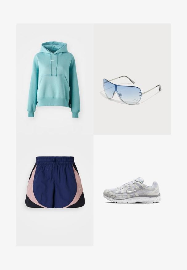 Tyrkismynte hettegenser med kengurulomme, ribbestrikkede mansjetter og kant. Har et lite hvitt Nike-logg på brystet.; Nike treningsshorts med elastisk livline, med marina, rosa og svarte paneler. Laget av lett, teksturert stoff.; Lys grå sportsko med overdel i mesh og syntetisk materiale, med snøring, polstret krave og strukturert såle for grep.; Pilotbriller med gradient blå linse, sølvfarget metallramme og dekorative stjerneaksenter på linsen. Glatt og stilren design.