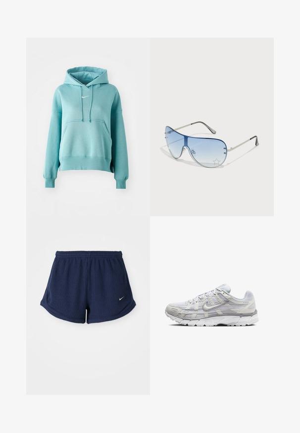 Τυρκουάζ φούτερ με κουκούλα, τσέπη καγκουρό, και ριμπ μανσέτες και στρίφωμα. Διαθέτει μικρό λευκό λογότυπο Nike στο στήθος.; Ναυτικής μπλε, ριγωτές αθλητικές βερμούδες με ελαστική μέση, που διαθέτουν μικρό λευκό λογότυπο Nike στο κάτω μέρος. Μαλακό υλικό.; Ανοιχτό γκρι αθλητικά παπούτσια με επάνω μέρος από πλέγμα και συνθετικό υλικό, διαθέτοντας κλείσιμο με κορδόνια, επενδεδυμένο προφιλέο και υφασμάτινη σόλα για καλύτερη πρόσφυση.; Γυαλιά ηλίου aviator με γκριδενά μπλε φακούς, ασημένιο μεταλλικό σκελετό και διακοσμητικά αστέρια στους φακούς. Λείος και κομψός σχεδιασμός.