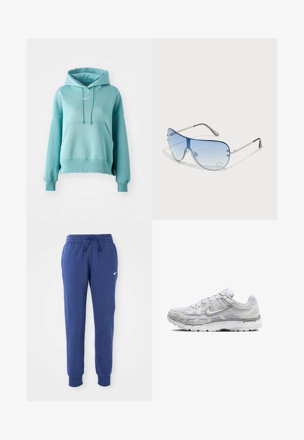 Turquoise hooded sweatshirt with a kangaroo pocket, ribbed cuffs, and hem. Features a small white Nike logo on the chest.; Blue Nike sweatpants with elastic waistband, drawstring, cuffed ankles, and white Nike swoosh logo on the left thigh.; Light gray athletic shoes with a mesh and synthetic upper, featuring a lace closure, padded collar, and textured sole for grip.; Aviator sunglasses featuring a gradient blue lens, silver metal frame, and decorative star accents on the lens. Smooth and sleek design.