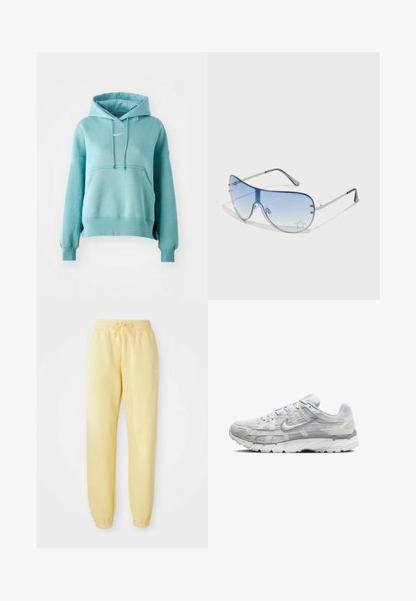 Sweatshirt capuz turquoise com bolso canguru, punhos e bainha canelados. Apresenta um pequeno logotipo branco da Nike no peito.; Calças de moletom amarelas com cintura elástica e cordão. Apresenta um logótipo branco no lado esquerdo e punhos elásticos nos tornozelos.; Sapatos atléticos cinza claro com parte superior em malha e sintético, apresentando um fecho de cordões, colarinho acolchoado e sola texturizada para aderência.; Óculos de sol aviador com lentes azuis em degradê, armação metálica prateada e detalhes decorativos de estrelas nas lentes. Design suave e elegante.