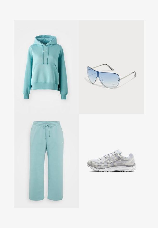 Tirkīza krāsas kapuce ar kangaroo kabatu, ribotām piedurknēm un apakšmalu. Iekļauj nelielu baltu Nike logo uz krūškurvja.; Gaiši zili sporta bikses, izgatavotas no mīksta materiāla, ar elastīgu jostu, kas aprīkota ar šnīrēm, un mazu baltu logotipu priekšpusē.; Gai pelēki sporta apavi ar sietiņa un sintētisku augšdaļu, ar auklām, mīkstu apkakli un strukturētu zoli saķerei.; Pilotstila saulesbrilles ar gradienta zilām lēcām, sudraba metāla rāmjiem un dekoratīvām zvaigžņu akcentiem uz lēcām. Gluda un eleganta dizaina.