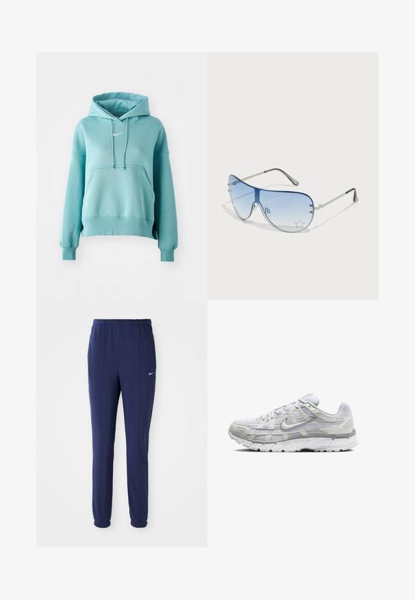 Τυρκουάζ φούτερ με κουκούλα, τσέπη καγκουρό, και ριμπ μανσέτες και στρίφωμα. Διαθέτει μικρό λευκό λογότυπο Nike στο στήθος.; Ναυτίες μπλε αθλητικές παντελόνες με ελαστική μέση, κομμένες στα πόδια και λευκό λογότυπο Nike στη αριστερή πλευρά. Κατασκευασμένες από μαλακό ύφασμα.; Ανοιχτό γκρι αθλητικά παπούτσια με επάνω μέρος από πλέγμα και συνθετικό υλικό, διαθέτοντας κλείσιμο με κορδόνια, επενδεδυμένο προφιλέο και υφασμάτινη σόλα για καλύτερη πρόσφυση.; Γυαλιά ηλίου aviator με γκριδενά μπλε φακούς, ασημένιο μεταλλικό σκελετό και διακοσμητικά αστέρια στους φακούς. Λείος και κομψός σχεδιασμός.