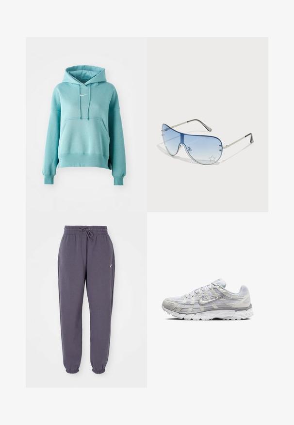 Tirkīza krāsas kapuce ar kangaroo kabatu, ribotām piedurknēm un apakšmalu. Iekļauj nelielu baltu Nike logo uz krūškurvja.; Pelēki sašaurināti treniņbikses ar elastīgu jostasvietu un auklu. Kreisajā augšstilbā ir neliels zīmola logo. Gluda tekstūra.; Gai pelēki sporta apavi ar sietiņa un sintētisku augšdaļu, ar auklām, mīkstu apkakli un strukturētu zoli saķerei.; Pilotstila saulesbrilles ar gradienta zilām lēcām, sudraba metāla rāmjiem un dekoratīvām zvaigžņu akcentiem uz lēcām. Gluda un eleganta dizaina.
