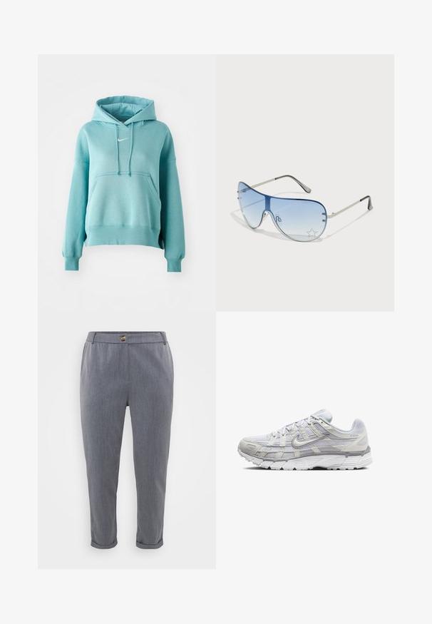 Sudadera con capucha en color turquesa, con un bolsillo tipo canguro, puños y dobladillo acanalados. Presenta un pequeño logo blanco de Nike en el pecho.; Pantalones grises a medida con una textura suave y tejida, dobladillos con puños, bolsillos frontales y un cierre de botón en la cintura.; Zapatillas deportivas de color gris claro con una parte superior de malla y sintético, que cuentan con un cierre de cordones, collar acolchado y suela texturizada para mayor agarre.; Gafas de sol tipo aviador con lentes azul degradado, montura de metal plateado y acentos decorativos de estrellas en los lentes. Diseño suave y elegante.
