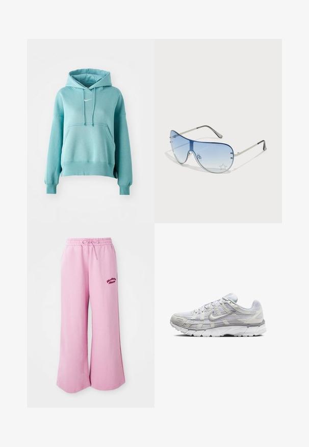 Sweatshirt capuz turquoise com bolso canguru, punhos e bainha canelados. Apresenta um pequeno logotipo branco da Nike no peito.; Calças de fato de treino rosa-clear, feitas de um tecido suave, apresentando um design de pernas largas, cintura elástica com cordão e detalhe de logótipos bordados.; Sapatos atléticos cinza claro com parte superior em malha e sintético, apresentando um fecho de cordões, colarinho acolchoado e sola texturizada para aderência.; Óculos de sol aviador com lentes azuis em degradê, armação metálica prateada e detalhes decorativos de estrelas nas lentes. Design suave e elegante.