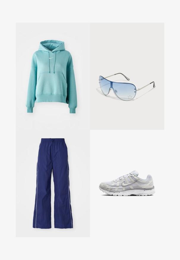 Tirkīza krāsas kapuce ar kangaroo kabatu, ribotām piedurknēm un apakšmalu. Iekļauj nelielu baltu Nike logo uz krūškurvja.; Jūras kara flotes zila, viegla, plata kāju bikses ar elastīgu jostu un auklu, ar baltām sānu svītrām un sakrunkātu tekstūru.; Gai pelēki sporta apavi ar sietiņa un sintētisku augšdaļu, ar auklām, mīkstu apkakli un strukturētu zoli saķerei.; Pilotstila saulesbrilles ar gradienta zilām lēcām, sudraba metāla rāmjiem un dekoratīvām zvaigžņu akcentiem uz lēcām. Gluda un eleganta dizaina.