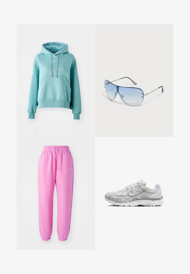 Turkos huvtröja med en känguruficka, ribbad mudd och nederkant. Har en liten vit Nike-logotyp på bröstet.; Rosa träningstights med elastiskt midjeband och snörning. Manschetterna är draperade. Har en liten vit Nike-logotyp på vänstra låret.; Ljust grå sportskor med ovandel i mesh och syntetmaterial, med snörning, vadderad krage och texturerad sula för grepp.; Pilotglasögon med gradientblå linser, silverfärgad metallram och dekorativa stjärnaccenter på linserna. Snygg och elegant design.