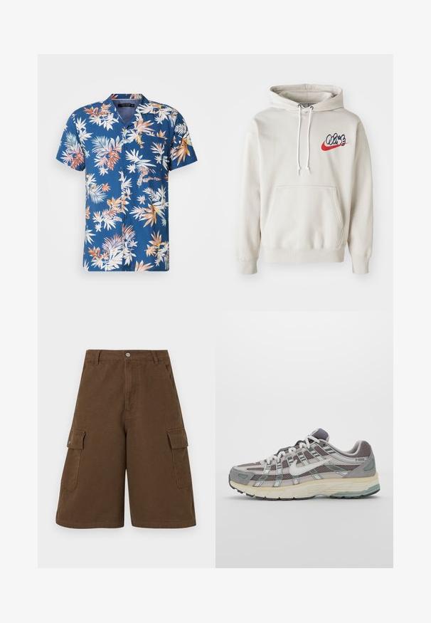 Hoodie de couleur crème avec une poche frontale et des cordons blancs, et un logo "Air" stylisé en bleu et rouge sur la poitrine.; Chemise à manches courtes avec boutons, de couleur bleu marine, ornée d'un motif de feuilles tropicales multicolores. Elle dispose d'une poche poitrine, d'un tissu léger et d'une coupe décontractée.; Shorts en coton marron de coupe droite, avec deux poches latérales et une fermeture à bouton à l'avant. Fabriqués à partir d'un tissu en coton durable avec une finition mate.; Chaussure de sport grise avec une tige en mesh et en daim, accents blancs, semelle rembourrée et un design distinctif avec des éléments réfléchissants.