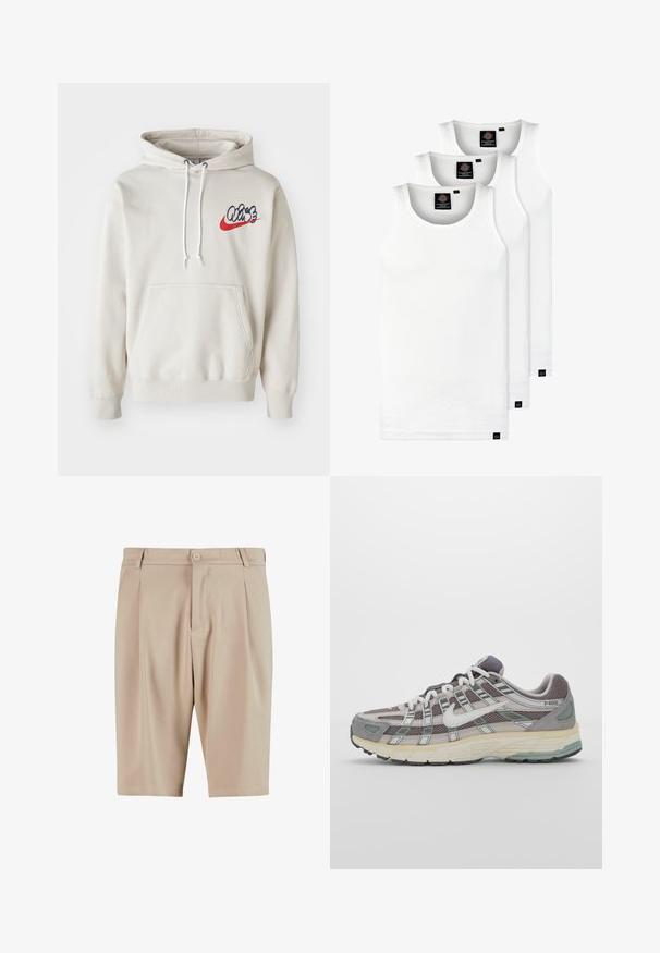Hanorac de culoare crem, cu un buzunar frontal și șnururi albe, având un logo stilizat "Air" în albastru și roșu pe piept.; Trei maieuri albe ribbate din bumbac. Au un guler rotund și etichete negre mici lângă tiv. Disponibile în mai multe mărimi.; Şorturi beige, ajustate, cu pliu, dotate cu închidere cu buton și design clasic. Textură netedă, la lungimea genunchilor, fără buzunare vizibile.; Pantofii sport gri sunt realizați dintr-un amestec de plasă și piele întoarsă, cu accente albe, o talpă bine îmbrăcată și un design distinctiv cu elemente reflectorizante.