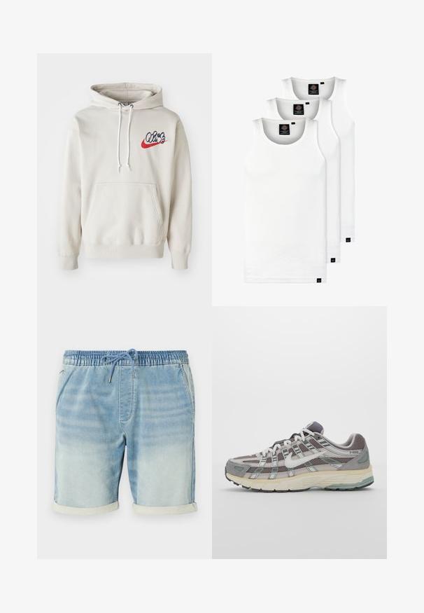 Kreemjas värvitoonis kapuutsiga särk, millel on ees tasku ja valged nöörid, ning rinnal stiliseeritud sinine ja punane "Air" logo.; Kolm valget ribaga t-särki, mis on valmistatud puuvillast. Omavad ümmargust kaelanõhku ja väikseid musti silte hemme lähedal. Saadaval erinevates suurustes.; Heled sinised teksashortsid elastse vöökoha, kummipaela sulgemise, küljetaskute ja rullitud äärega. Sile tekstuur.; Hallus hallitus jalanõud, millel on võrgust ja sametist ülemine osa, valged rõhutused, pehme tald ning eristuv disain peegelduvate elementidega.