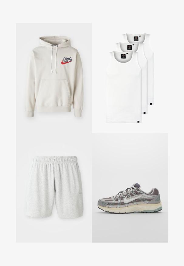 Krémszínű kapucnis pulóver, elülső zsebbel és fehér húzózsinórokkal, kék és piros színű stilizált "Air" logóval a mellkasán.; Három fehér csíkos pamut trikó. Felső része kerek nyakkivágású, és a szegély közelében kis fekete címkék találhatók. Több méretben elérhető.; Szürke pamut rövidnadrág, rugalmas derékkal, sima textúrával és oldalsó zsebekkel. Diszkrét logó részlet a szegélyen.; Szürke sportcipő, hálós és velúr felsőrésszel, fehér részletekkel, párnázott talppal és jellegzetes dizájnnal, amely visszaverő elemeket tartalmaz.