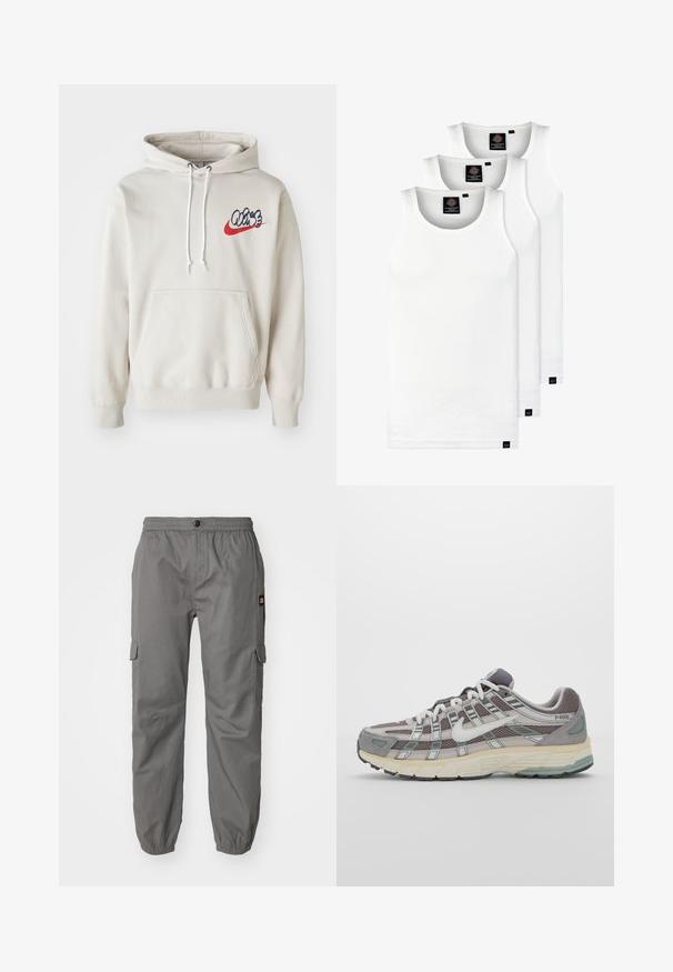 Cream-colored hoodie featuring a front pocket and white drawstrings, with a stylized "Air" logo in blue and red on the chest.; Three white ribbed tank tops made of cotton. Features a crew neck and small black labels near the hem. Available in multiple sizes.; Grey cargo pants with an elastic waistband, button closure, and side pockets. Fabric appears lightweight with a smooth texture.; Gray athletic shoe featuring a mesh and suede upper, white accents, a cushioned sole, and a distinctive design with reflective elements.