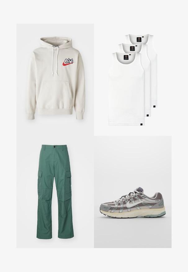 Krēma krāsas kapuce ar priekšējo kabatu un baltām auklām, uz krūtīm ar stilizētu "Air" logo zilā un sarkanā krāsā.; Trīs baltas ribotas krūšturi, kas izgatavoti no kokvilnas. Iezīmēti ar apaļu kakla izgriezumu un maziem melniem etiķetēm tuvu apakšmalai. Pieejami vairākos izmēros.; Tumši zaļi kravu bikses, izgatavotas no teksturēta auduma. Iespējas ietver sānu kravu kabatas un taisnu kāju griezumu ar pogu aizdari.; Pelēkie sporta apavi ar tīkla un zamša augšdaļu, baltiem akcentiem, mīkstinātu zoli un izcilu dizainu ar atstarotājiem.