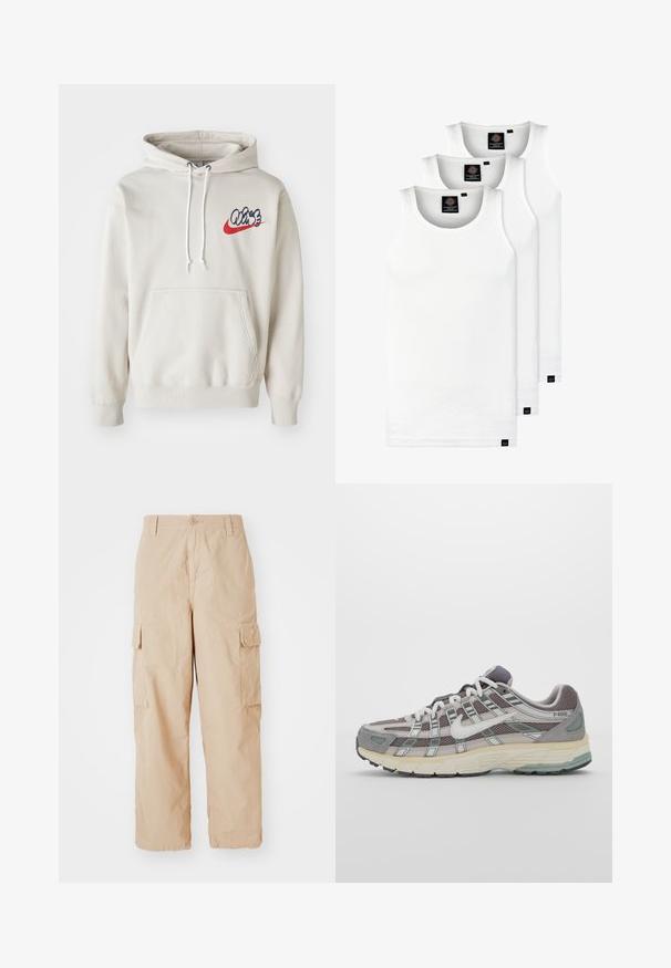 Kremeni dukserica s kapuljačom koja ima prednju džep i bijele uzice, s stiliziranim "Air" logotipom u plavoj i crvenoj boji na prsima.; Tri bijele rebraste majice bez rukava od pamuka. Imaju okrugli izrez i male crne oznake blizu rubova. Dostupne su u više veličina.; Bež kargo hlače s opuštenim krojem, izrađene od lagane tkanine, s dva bočna kargo džepa i kopčanjem na gumb u struku.; Siva sportska tenisica s gornjim dijelom od mrežaste tkanine i zamshta, bijelim detaljima, amortizirajućom potplatom i prepoznatljivim dizajnom s refleksivnim elementima.