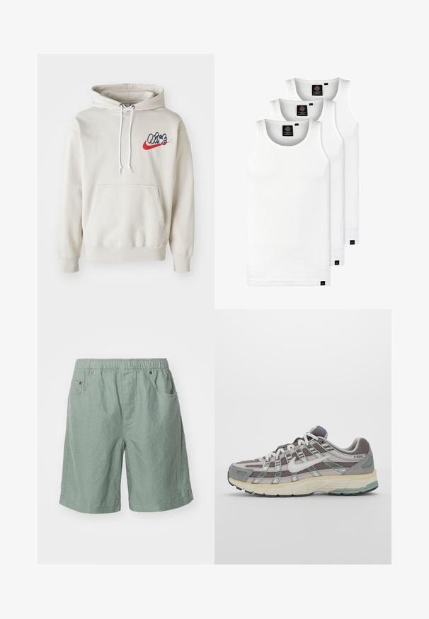 Kremeni dukserica s kapuljačom koja ima prednju džep i bijele uzice, s stiliziranim "Air" logotipom u plavoj i crvenoj boji na prsima.; Tri bijele rebraste majice bez rukava od pamuka. Imaju okrugli izrez i male crne oznake blizu rubova. Dostupne su u više veličina.; Svijetlozelene kratke hlače od teksturiranog materijala s elastičnom gumicom, koje imaju dva bočna džepa i minimalne detalje šivanja.; Siva sportska tenisica s gornjim dijelom od mrežaste tkanine i zamshta, bijelim detaljima, amortizirajućom potplatom i prepoznatljivim dizajnom s refleksivnim elementima.