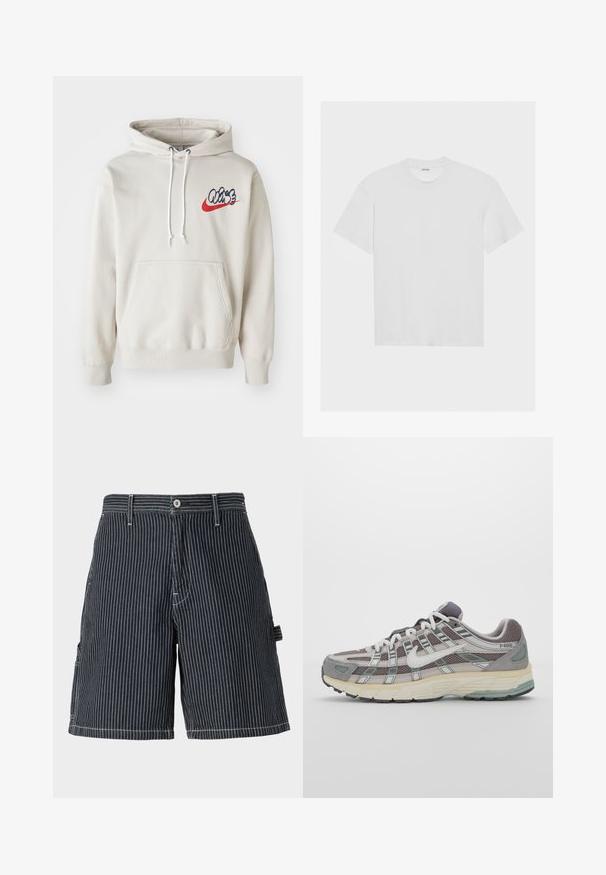 Cream-colored hoodie featuring a front pocket and white drawstrings, with a stylized "Air" logo in blue and red on the chest.; White cotton t-shirt with short sleeves, crew neck, and a relaxed fit. Smooth texture and no visible patterns or accents.; Navy striped shorts made of cotton with a relaxed fit, featuring side pockets, belt loops, and contrasting white stitching details.; Gray athletic shoe featuring a mesh and suede upper, white accents, a cushioned sole, and a distinctive design with reflective elements.