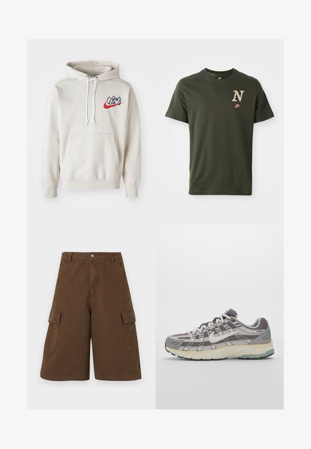 Sudadera color crema con un bolsillo frontal y cordones blancos, con un logo estilizado de "Air" en azul y rojo en el pecho.; Camiseta de algodón verde oliva de manga corta, que presenta un gran logo "N" estampado en beige y un pequeño swoosh de Nike en rosa en el pecho.; Pantalones cortos cargo marrones con corte recto, dos bolsillos laterales y cierre de botón frontal. Fabricados en un duradero tejido de algodón con acabado mate.; Zapatilla deportiva gris con parte superior de malla y ante, acentos blancos, suela acolchada y un diseño distintivo con elementos reflectantes.