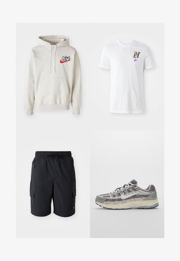 Krémová mikina s kapucňou, ktorá má predné vrecko a biele šnúrky, s štýlizovaným logom "Air" v modrej a červenej farbe na hrudi.; Biela bavlnená tričko s kamuflážovým logom "N" a malým fialovým Nike swooshom na hrudi. Klasický návrh s okrúhlym výstrihom.; Čierne cargo šortky s elastickým pásom a šnúrkou, so bočnými vreckami na zips a náprsním vreckom na stehne.; Šedá športová obuv so zvrškom z nylonu a semišu, bielymi akcentmi, polstrovanou podrážkou a jedinečným dizajnom s reflexnými prvkami.