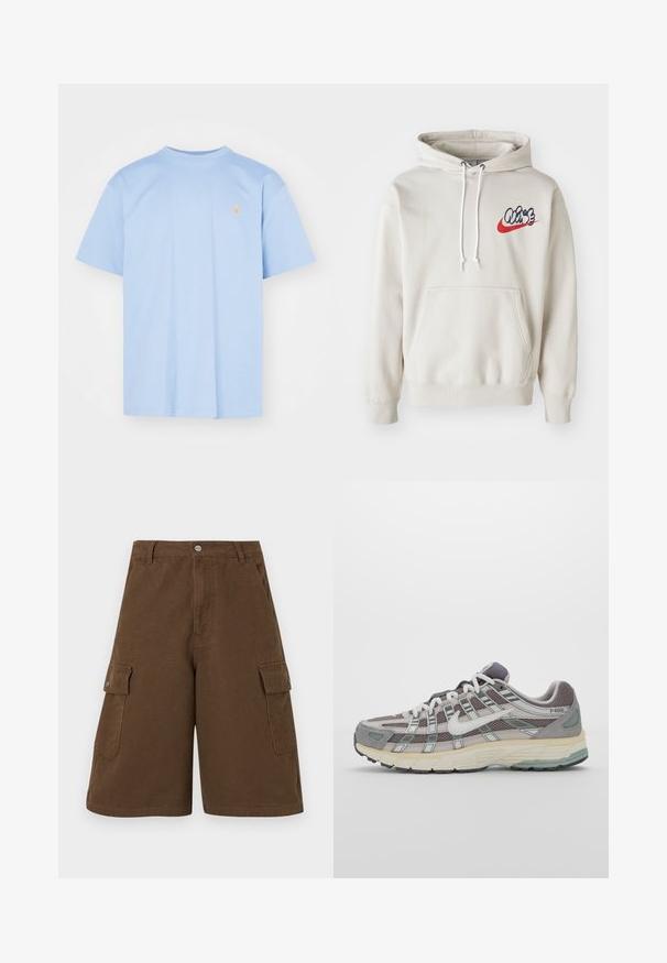 Crème kleurige hoodie met een voorzak en witte koordjes, voorzien van een gestileerd "Air" logo in blauw en rood op de borst.; Lichtblauwe katoenen t-shirt met korte mouwen, ronde halslijn en een klein geborduurd logo in het oranje op de borst. Eenvoudig, onopvallend ontwerp.; Bruine cargoshorts met een rechte snit, twee zijzakken en een sluiting met knoop aan de voorkant. Gemaakt van duurzaam katoen met een matte afwerking.; Grijze sportieve schoen met een bovenwerk van mesh en suede, witte accenten, een gevoerde zool en een onderscheidend ontwerp met reflecterende elementen.