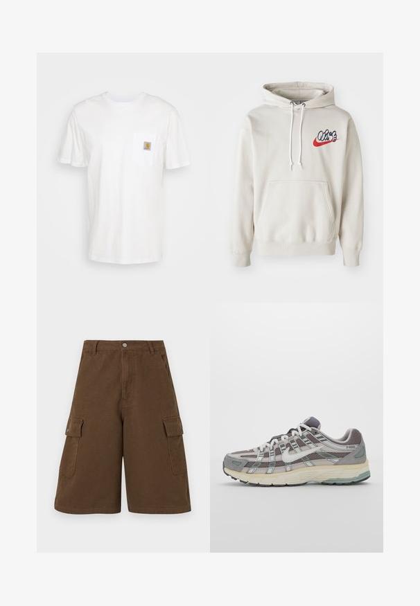 Hanorac de culoare crem, cu un buzunar frontal și șnururi albe, având un logo stilizat "Air" în albastru și roșu pe piept.; Tricou alb din bumbac, cu mâneci scurte, un buzunar la piept și o mică etichetă pătrată cu logo portocaliu și alb pe buzunar.; Pantaloni scurți cargo de culoare maro, cu o croială dreaptă, două buzunare laterale și închidere frontală cu nasture. Fabricat dintr-un material de bumbac durabil cu un finisaj mat.; Pantofii sport gri sunt realizați dintr-un amestec de plasă și piele întoarsă, cu accente albe, o talpă bine îmbrăcată și un design distinctiv cu elemente reflectorizante.