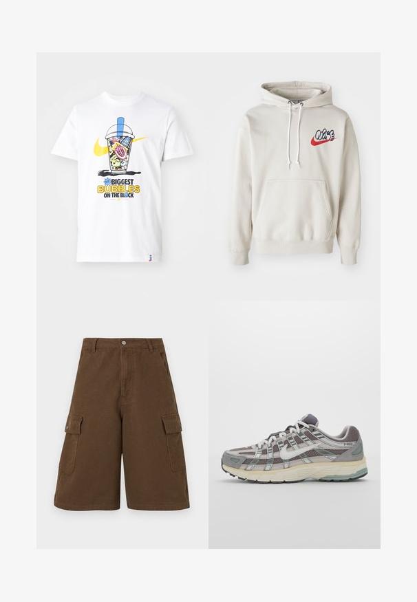Hoodie creme, com um bolso frontal e cordões brancos, apresentando um logo estilizado "Air" em azul e vermelho no peito.; T-shirt de algodão branco com uma gráfica colorida de um copo de bebida com detalhes em goma de mascar e o texto "As Maiores Bolhas do Bairro."; Bermudas castanhas com corte reto, dois bolsos laterais e fecho frontal com botão. Feitas em tecido de algodão durável com acabamento mate.; Sapatilha atlética cinza com parte superior em malha e camurça, detalhes brancos, sola acolchoada e um design distinto com elementos refletivos.