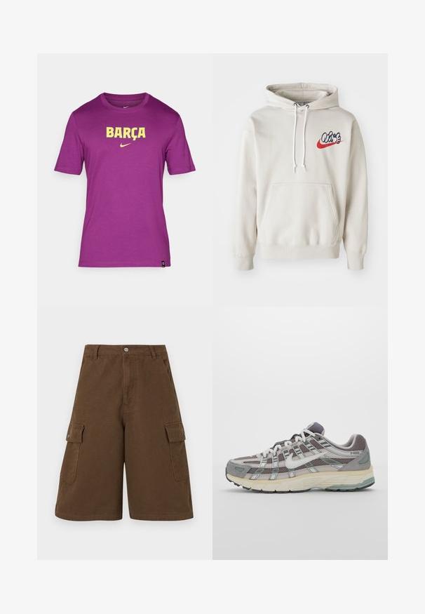 Cremfarbener Hoodie mit einer Vordertasche und weißen Kordeln, mit einem stilisierten "Air"-Logo in Blau und Rot auf der Brust.; Lila Baumwoll-T-Shirt mit kurzen Ärmeln und Rundhalsausschnitt, mit "BARÇA" in gelber Schrift und einem kleinen Nike-Logo darunter.; Braune Cargo-Shorts mit geradem Schnitt, zwei Seitentaschen und einer vorderen Knopfleiste. Hergestellt aus strapazierfähigem Baumwollstoff mit matter Oberfläche.; Grauer Sportschuh mit einem Obermaterial aus Mesh und Wildleder, weißen Akzenten, einer gepolsterten Sohle und einem charakteristischen Design mit reflektierenden Elementen.