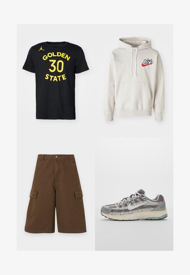 Sudadera color crema con un bolsillo frontal y cordones blancos, con un logo estilizado de "Air" en azul y rojo en el pecho.; Nike Performance NBA GOLDEN STATE WARRIORS STEPHEN CURRY TEE - Equipación de clubes - black; Pantalones cortos cargo marrones con corte recto, dos bolsillos laterales y cierre de botón frontal. Fabricados en un duradero tejido de algodón con acabado mate.; Zapatilla deportiva gris con parte superior de malla y ante, acentos blancos, suela acolchada y un diseño distintivo con elementos reflectantes.