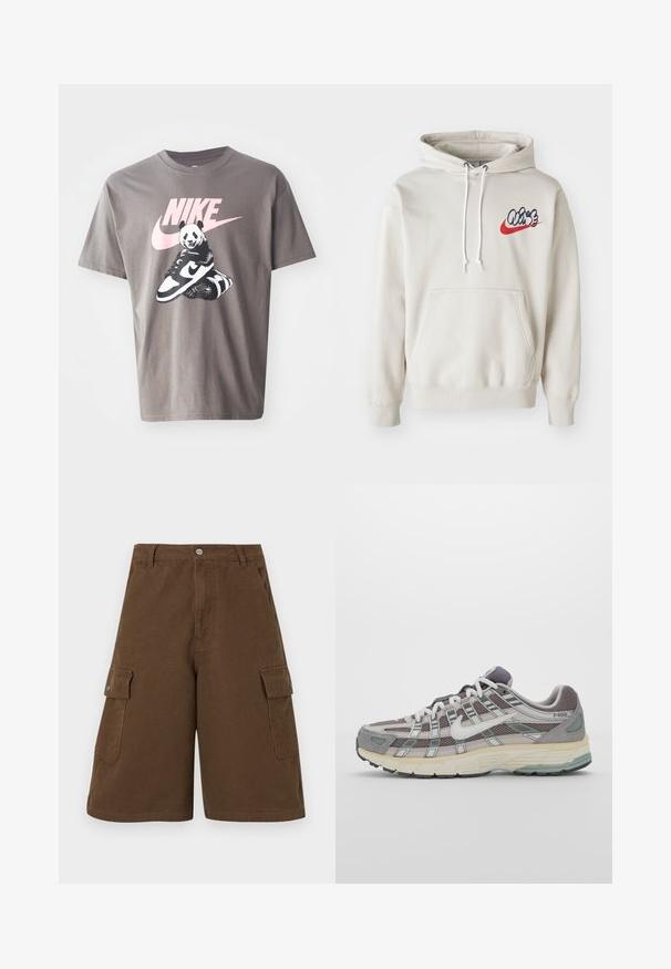 Grietos spalvos džemperis su priekiu kišene ir baltais raišteliais, krūtinėje su stilizuotu "Air" logotipu mėlynos ir raudonos spalvos.; Pilkas medvilninis marškinėlis, kuriame pavaizduota panda, sėdinti ant Nike batelių, o virš dizaino matomas rožinis Nike logotipas. Trumpomis rankovėmis, apvaliu kaklu.; Rudi cargo šortai su tiesia iškirpte, dviem šoninėmis kišenėmis ir priekyje užsegimo mygtuku. Pagaminti iš tvirtos medvilnės audinio su matinio paviršiaus apdaila.; Pilkas sportinis batas su tinklu ir zomšos viršutine dalimi, baltomis detalėmis, paminkštintu padu ir išskirtiniu dizainu su atspindinčiais elementais.