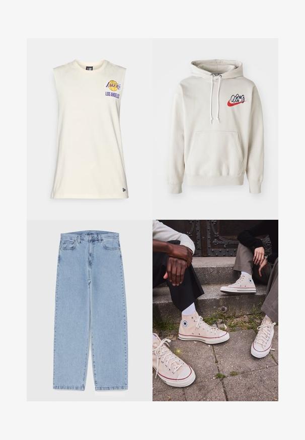 Hanorac de culoare crem, cu un buzunar frontal și șnururi albe, având un logo stilizat "Air" în albastru și roșu pe piept.; Tricou fără mâneci din bumbac crema, având un logo al echipei Los Angeles Lakers și text în violet, cu guler rotund și margine dreaptă.; Jeans din denim de culoare albastru deschis, cu un design cu picioare drepte, având talie medie, cinci buzunare și un sistem de închidere cu nasture și fermoar.; Adidași înalți bej din pânză, cu dungi roșii, talpă din cauciuc alb și gromete metalice, având logo-ul iconic cu stea pe lateral.