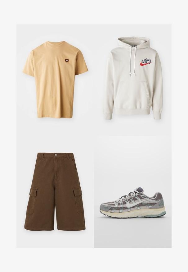 Hoodie creme, com um bolso frontal e cordões brancos, apresentando um logo estilizado "Air" em azul e vermelho no peito.; T-shirt de algodão bege com mangas curtas, decote redondo e um pequeno logótipo de coração castanho na área do peito esquerdo. Textura suave, design casual.; Bermudas castanhas com corte reto, dois bolsos laterais e fecho frontal com botão. Feitas em tecido de algodão durável com acabamento mate.; Sapatilha atlética cinza com parte superior em malha e camurça, detalhes brancos, sola acolchoada e um design distinto com elementos refletivos.