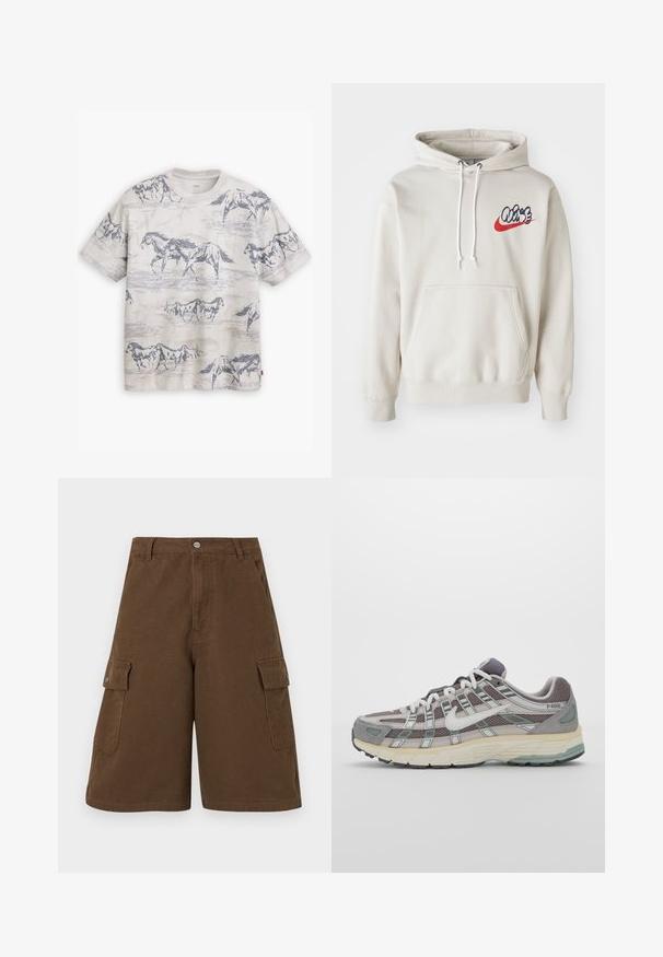 Kremna kapuca z žepom spredaj in belimi vrvicami, s stiliziranim logotipom "Air" v modri in rdeči barvi na prsih.; Levi's® VINTAGE - Navadna majica - white onyx; Rjave cargo kratke hlače z ravnim krojem, dvema stranskima žepoma in sprednjim gumbom. Narejene iz trpežnega bombažnega materiala z mat končno obdelavo.; Sive športne čevlje z zgornjim delom iz mrežastega in semiš materiala, belimi akcenti, oblazinjenim podplatom ter edinstvenim dizajnom z odsevnimi elementi.