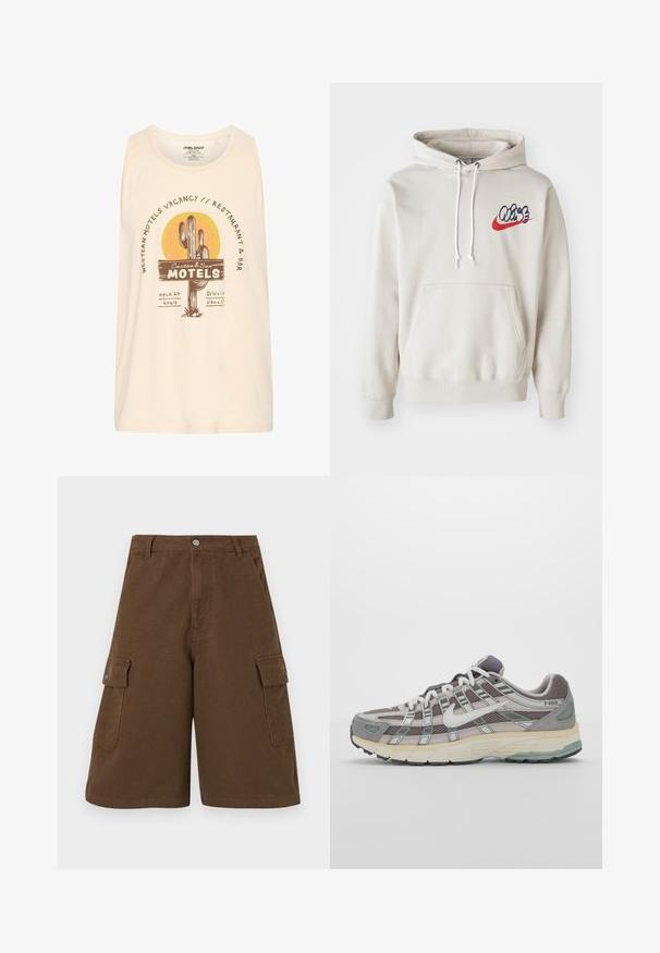 Kremfarget hettegenser med frontlomme og hvite snorer, med en stilisert "Air"-logo i blått og rødt på brystet.; Kremfarget tanktop med grafisk design som viser en kaktus og sol. Teksten inkluderer "Western Motels Vacancy" og "Cactus & Sun Motels."; Brune cargo shorts med rett snitt, to sidelommer og frontlukking med knapp. Laget av slitesterk bomullsstoff med en matt finish.; Grå treningssko med overdel i nett og semsket skinn, hvite detaljer, en polstret såle, og et særpreget design med reflekterende elementer.