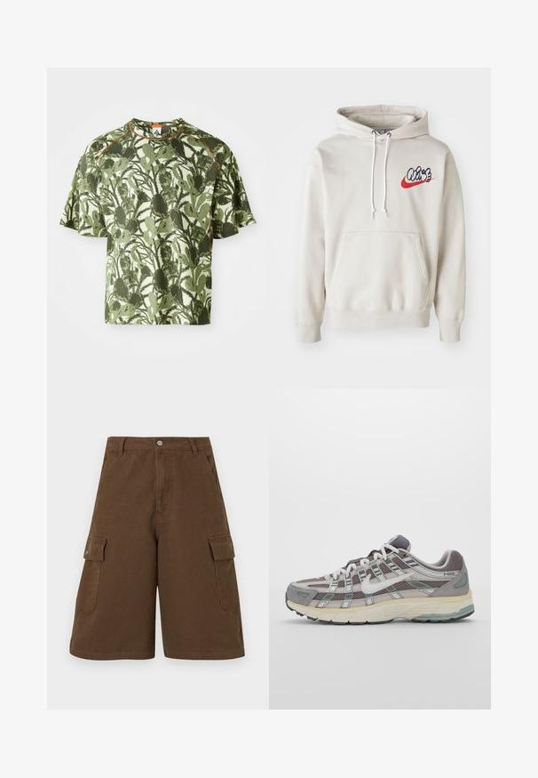 Hoodie creme, com um bolso frontal e cordões brancos, apresentando um logo estilizado "Air" em azul e vermelho no peito.; Camiseta verde de manga curta com um padrão de folhas texturizadas, apresentando um destaque laranja na gola e um corte descontraído. Feita de material respirável.; Bermudas castanhas com corte reto, dois bolsos laterais e fecho frontal com botão. Feitas em tecido de algodão durável com acabamento mate.; Sapatilha atlética cinza com parte superior em malha e camurça, detalhes brancos, sola acolchoada e um design distinto com elementos refletivos.