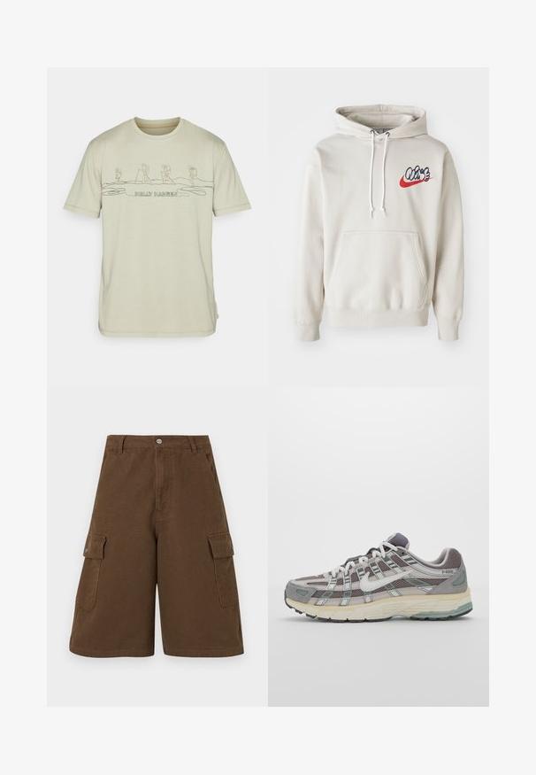 Sudadera color crema con un bolsillo frontal y cordones blancos, con un logo estilizado de "Air" en azul y rojo en el pecho.; Camiseta de algodón color beige claro con un simple dibujo de línea verde de excursionistas y el texto "HELLO HANSEN" impreso debajo. Mangas cortas y cuello redondo.; Pantalones cortos cargo marrones con corte recto, dos bolsillos laterales y cierre de botón frontal. Fabricados en un duradero tejido de algodón con acabado mate.; Zapatilla deportiva gris con parte superior de malla y ante, acentos blancos, suela acolchada y un diseño distintivo con elementos reflectantes.