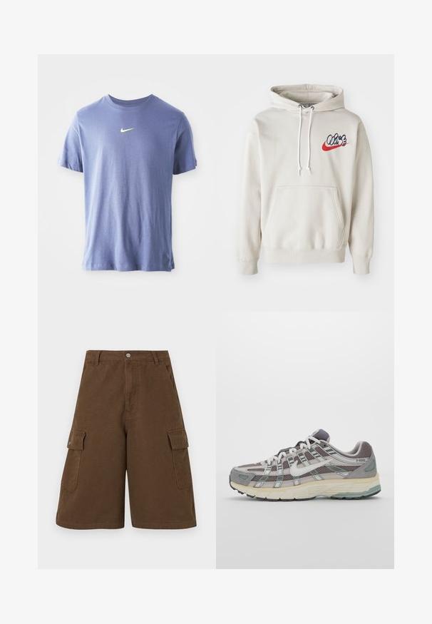Krēma krāsas kapuce ar priekšējo kabatu un baltām auklām, uz krūtīm ar stilizētu "Air" logo zilā un sarkanā krāsā.; Jūras zilas īsām piedurknēm T-krekls, izgatavots no kokvilnas maisījuma, ar mazu gaiši zaļu Nike logotipu uz krūšu daļas un apaļu kakla dizainu.; Brūni kravas šorti ar taisnu piegriezumu, divām sānu kabatām un priekšējo pogu aizdari. Izgatavoti no izturīga kokvilnas auduma ar matētu apdari.; Pelēkie sporta apavi ar tīkla un zamša augšdaļu, baltiem akcentiem, mīkstinātu zoli un izcilu dizainu ar atstarotājiem.