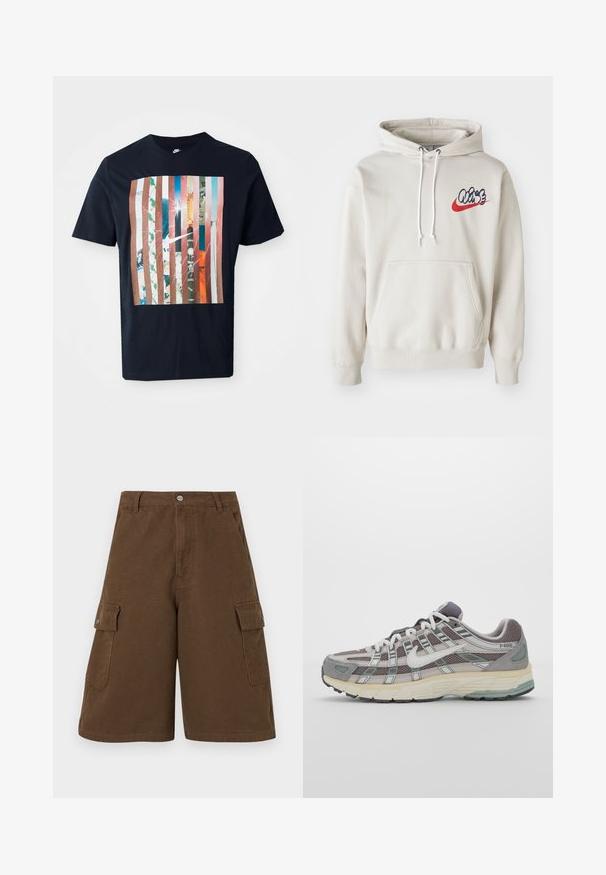 Krémová mikina s kapucí, která má přední kapsu a bílé šňůrky, s stylizovaným logem "Air" v modré a červené barvě na hrudi.; Námornická trička s grafickým designem, na kterém jsou vertikální pruhy v různých odstínech, zahrnující městské motivy a logo Nike.; Hnědé cargo šortky se rovný střihem, dvěma bočními kapsami a předním zapínáním na knoflík. Vyrobené z odolné bavlněné tkaniny s matným povrchem.; Šedá sportovní obuv s vrchní částí z mikrovlákna a semiše, bílými akcenty, polstrovanou podrážkou a jedinečným designem s reflexními prvky.