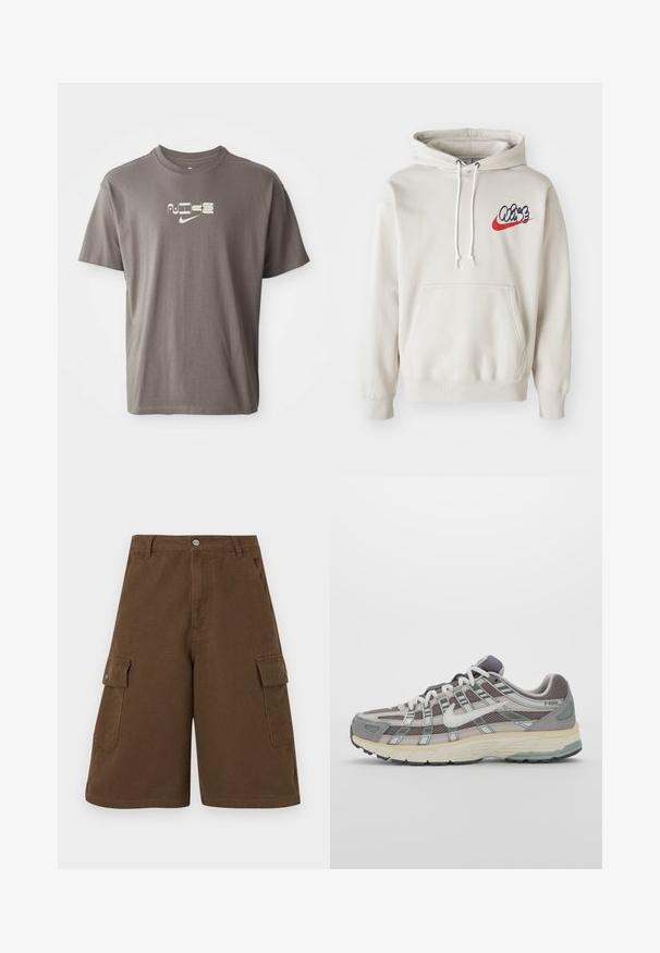 Krēma krāsas kapuce ar priekšējo kabatu un baltām auklām, uz krūtīm ar stilizētu "Air" logo zilā un sarkanā krāsā.; Brūns īsām piedurknēm t-krekls ar gaišas krāsas "Nike" logotipu drukātu priekšā, ar ikdienišķu, brīvu piegriezumu.; Brūni kravas šorti ar taisnu piegriezumu, divām sānu kabatām un priekšējo pogu aizdari. Izgatavoti no izturīga kokvilnas auduma ar matētu apdari.; Pelēkie sporta apavi ar tīkla un zamša augšdaļu, baltiem akcentiem, mīkstinātu zoli un izcilu dizainu ar atstarotājiem.