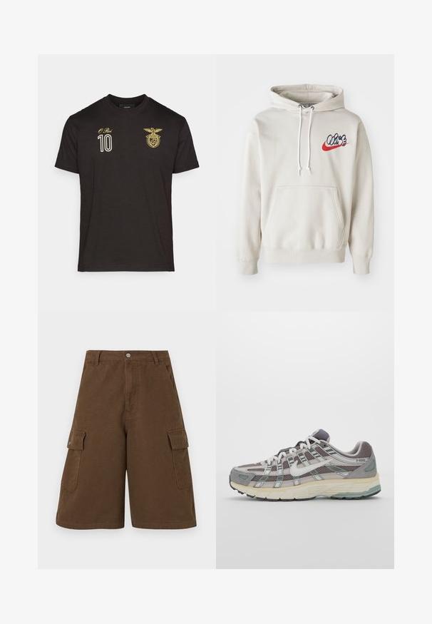 Grietos spalvos džemperis su priekiu kišene ir baltais raišteliais, krūtinėje su stilizuotu "Air" logotipu mėlynos ir raudonos spalvos.; Juodas medvilninis marškinėliai su trumpomis rankovėmis, su auksiniu tekstu "O Rei" ir numeriu "10", taip pat ant krūtinės yra siuvinėta emblema.; Rudi cargo šortai su tiesia iškirpte, dviem šoninėmis kišenėmis ir priekyje užsegimo mygtuku. Pagaminti iš tvirtos medvilnės audinio su matinio paviršiaus apdaila.; Pilkas sportinis batas su tinklu ir zomšos viršutine dalimi, baltomis detalėmis, paminkštintu padu ir išskirtiniu dizainu su atspindinčiais elementais.