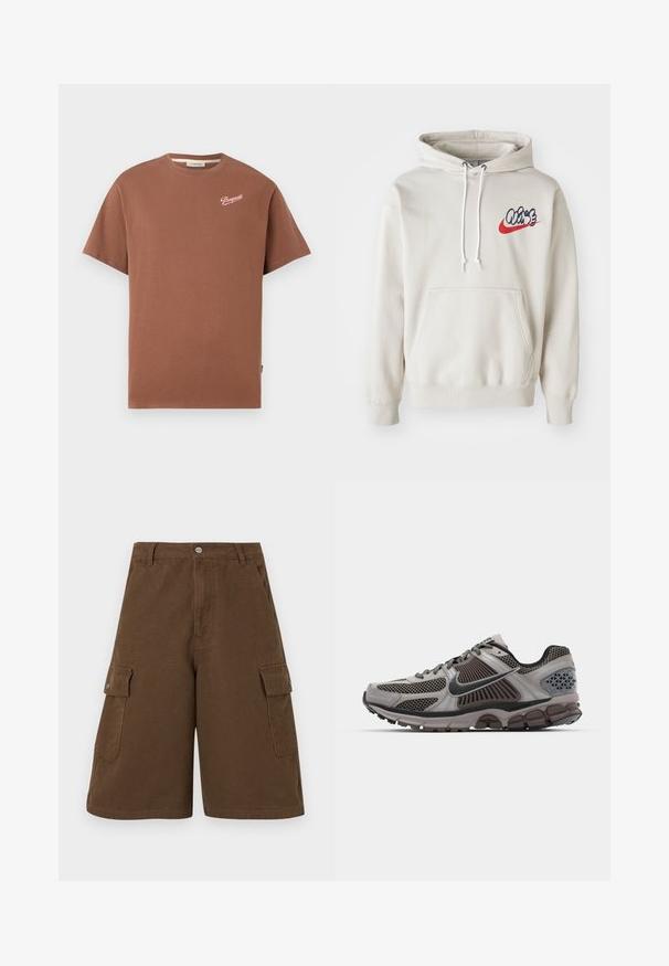 Grietos spalvos džemperis su priekiu kišene ir baltais raišteliais, krūtinėje su stilizuotu "Air" logotipu mėlynos ir raudonos spalvos.; Rudas trumpas rankovėmis marškinėliai su apvalia apykakle, ant viršutinės kairės krūtinės baltu raštu yra logotipas "Pompeii".; Rudi cargo šortai su tiesia iškirpte, dviem šoninėmis kišenėmis ir priekyje užsegimo mygtuku. Pagaminti iš tvirtos medvilnės audinio su matinio paviršiaus apdaila.; Šviesiai pilkos ir tamsiai rudos spalvos bėgimo batai su tinklo detalėmis, struktūrizuotu dizainu ir storu guminiu padu. Pabrėžia Nike swoosh logotipas ir tekstūruoti akcentai.