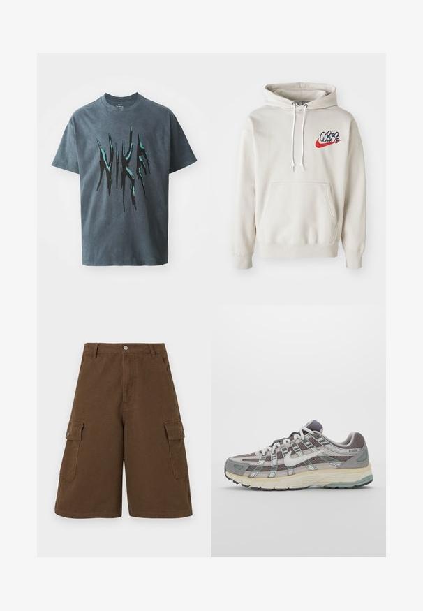 Krémová mikina s kapucňou, ktorá má predné vrecko a biele šnúrky, s štýlizovaným logom "Air" v modrej a červenej farbe na hrudi.; Tmavohnedé bavlnené tričko s voľným strihom. Zdobené výrazným, zdeformovaným čierno-tyrkysovým dizajnom loga "Nike" na prednej strane. Krátke rukávy.; Hnedé cargo šortky s rovný strihom, dvoma bočnými vreckami a predným zapínaním na gombík. Vyrobené z pevnej bavlnenej tkaniny s matným povrchom.; Šedá športová obuv so zvrškom z nylonu a semišu, bielymi akcentmi, polstrovanou podrážkou a jedinečným dizajnom s reflexnými prvkami.