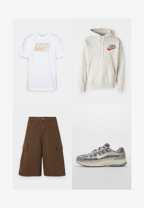 Sudadera color crema con un bolsillo frontal y cordones blancos, con un logo estilizado de "Air" en azul y rojo en el pecho.; Nike Performance TEE - Camiseta deportiva - white; Pantalones cortos cargo marrones con corte recto, dos bolsillos laterales y cierre de botón frontal. Fabricados en un duradero tejido de algodón con acabado mate.; Zapatilla deportiva gris con parte superior de malla y ante, acentos blancos, suela acolchada y un diseño distintivo con elementos reflectantes.