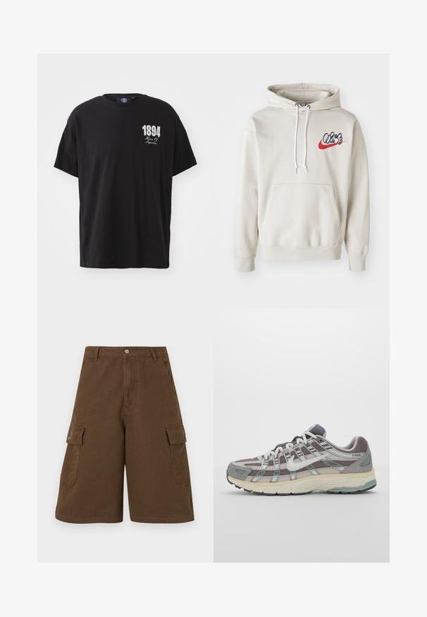 Kreemjas värvitoonis kapuutsiga särk, millel on ees tasku ja valged nöörid, ning rinnal stiliseeritud sinine ja punane "Air" logo.; Must musta T-särk ringikraega, lühikeste varrukatega, mille vasakus rinnakus on valge trükitud tekst "1894 House Of Hyperbia".; Prunad värvilised cargo lühikesed püksid, millel on sirge lõige, kaks külgtaskut ja ees nupuga sulgur. Valmistatud vastupidavast puuvillaste kangast, millel on mati viimistluse.; Hallus hallitus jalanõud, millel on võrgust ja sametist ülemine osa, valged rõhutused, pehme tald ning eristuv disain peegelduvate elementidega.