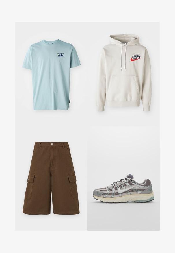 Krémová mikina s kapucí, která má přední kapsu a bílé šňůrky, s stylizovaným logem "Air" v modré a červené barvě na hrudi.; Columbia EXPLORERS CANYON BACK TEE - Triko s potiskem - crushed blue; Hnědé cargo šortky se rovný střihem, dvěma bočními kapsami a předním zapínáním na knoflík. Vyrobené z odolné bavlněné tkaniny s matným povrchem.; Šedá sportovní obuv s vrchní částí z mikrovlákna a semiše, bílými akcenty, polstrovanou podrážkou a jedinečným designem s reflexními prvky.