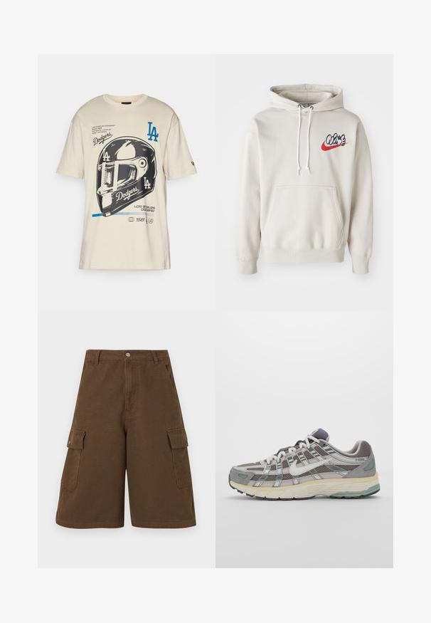 Kremowa bluza z kapturem z przednią kieszenią i białymi sznurkami, z stylizowanym logo "Air" w kolorze niebieskim i czerwonym na piersi.; Beżowy bawełnowy t-shirt z dużą czarno-białą grafiką hełmu Dodgers, niebieskim tekstem oraz nadrukowanymi logo i detalami z przodu.; Brązowe szorty cargo o prostym kroju, z dwoma bocznymi kieszeniami i zapięciem na guziki z przodu. Wykonane z trwałej bawełnianej tkaniny o matowym wykończeniu.; Szare buty sportowe z siateczkowym i zamszowym wierzchem, białymi akcentami, amortyzowaną podeszwą oraz charakterystycznym designem z elementami odblaskowymi.